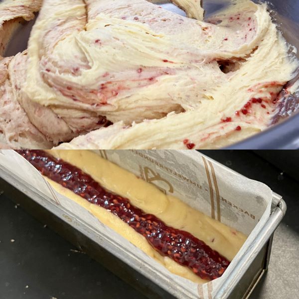 フランボワーズコンフィチュールを生地に混ぜ込み、サンド